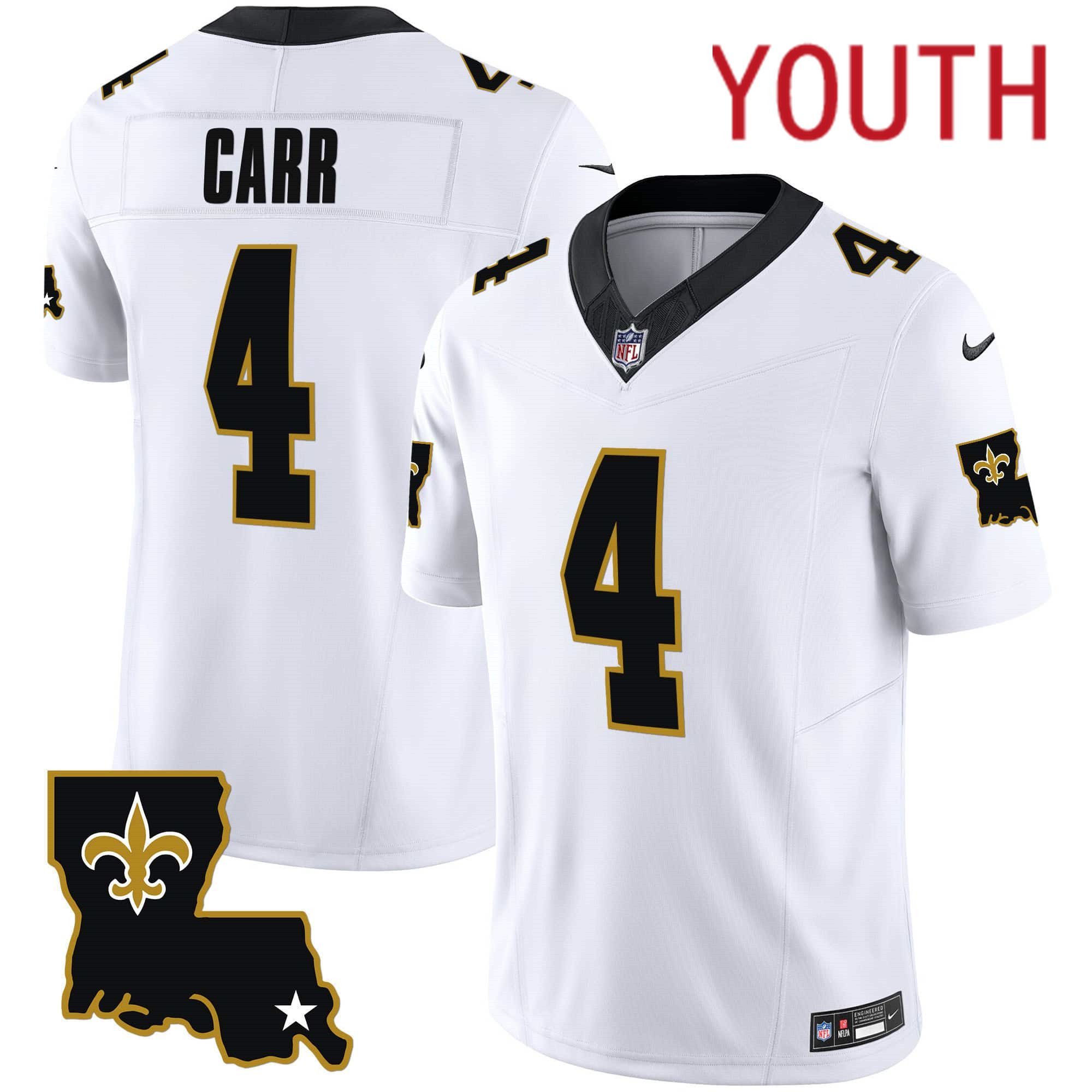 Youth New Orleans Saints #4 Carr White 2024 Nike 1987 Legacy Vapor Limited NFL Jersey